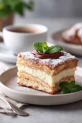 Slice of Zagreb cake with powdered sugar and chocolate served with coffee in Zagreb
