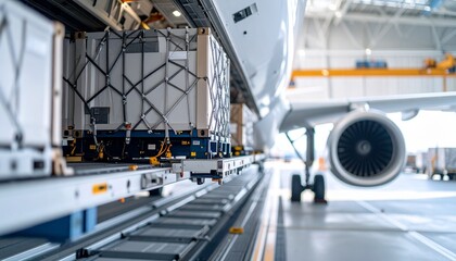 Fototapeta premium Air Cargo Logistics: Boxes of cargo meticulously loaded into the belly of a wide-body airplane, illustrating efficiency in transportation and logistics.