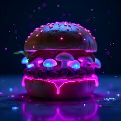 Dreamlike hamburger with bioluminescent toppings high resolution picture