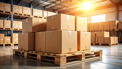 Stacked boxes on pallet: Boxes on pallet in large warehouse bathed in light, the boxes convey efficiency and organization.