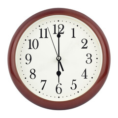 round wall clock with frame showing 6 o'clock isolated from background