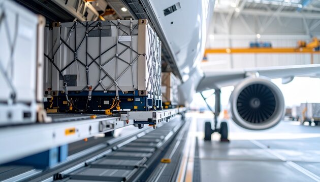 Air Cargo Logistics: Boxes of cargo meticulously loaded into the belly of a wide-body airplane, illustrating efficiency in transportation and logistics.