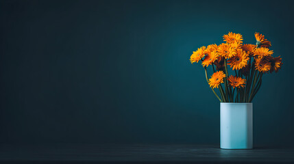 Vibrant yellow gerbera flowers in circular arrangement against blue.