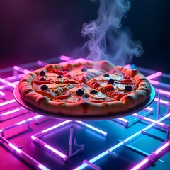 Freshly baked pizza served with vibrant lights high resolution picture