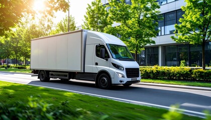 Moving Day: A modern delivery truck navigates a sunlit street lined with trees, representing efficient transport and logistical solutions in a vibrant urban environment.