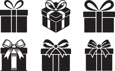Black and white vector illustration set of a gift box silhouette with ribbon. christmas gift box icon set