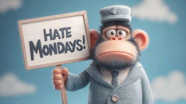 Charming cartoon character in gray suit humorously declares love for weekends over fluffy clouds backdrop