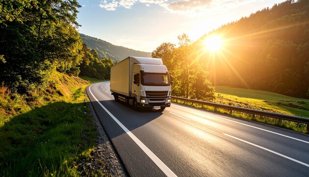 Truck on Open Road: A truck carries on deliveries down an open road, a symphony of movement and sunlight.