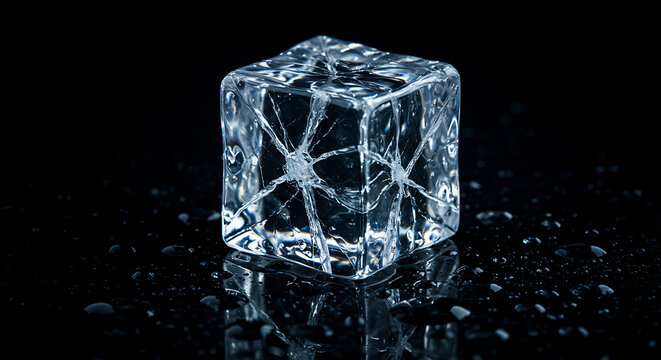 A single, clear ice cube displays intricate internal structures against a black background.