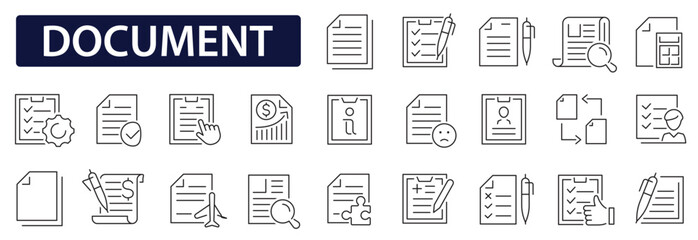 Document icon set. Full collection files icons. Documents linear icon. Contract papers, folder, certificate, accept, approved, clipboard and more. Vector illustration