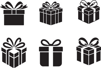 Black and white vector illustration set of a gift box silhouette with ribbon. christmas gift box icon set