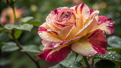 Bicolored rose with water droplets macro flower rain