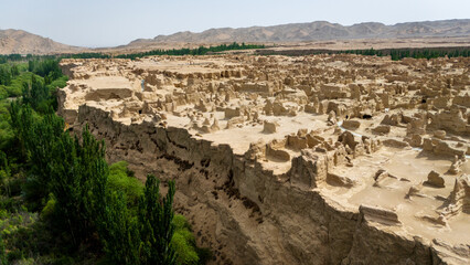 Aerial view of Xinjiang Jiaohe Ruins Ancient City in China Turpan