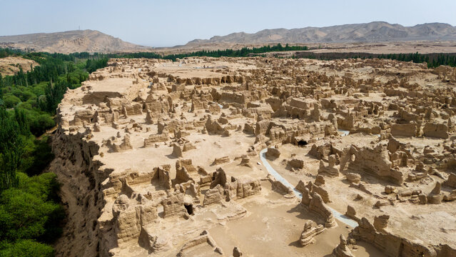 Aerial view of Xinjiang Jiaohe Ruins Ancient City in China Turpan