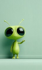Friendly green alien character showcases welcoming gesture against a soft pastel backdrop, inviting creativity and fun