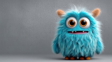 Fototapeta premium Fuzzy blue monster with big eyes and a cheerful smile creates a playful atmosphere against a gray background