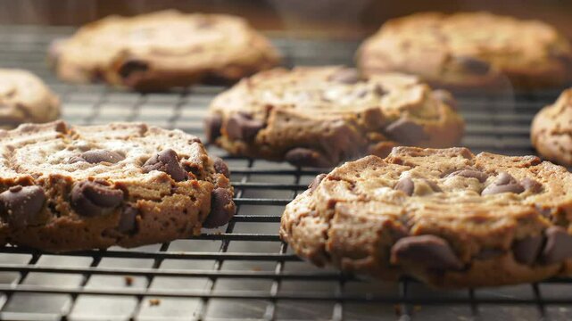 Freshly baked chocolate chip cookies cooling on a wire rack