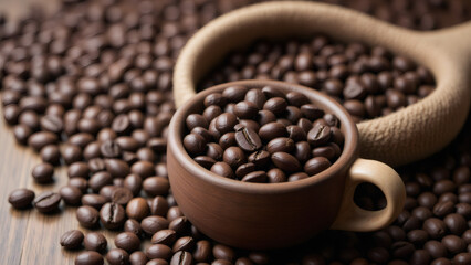 Fototapeta premium Roasted Coffee Beans Still Life: Cup and Bowl Filled, Close-Up View, Coffee Culture Theme