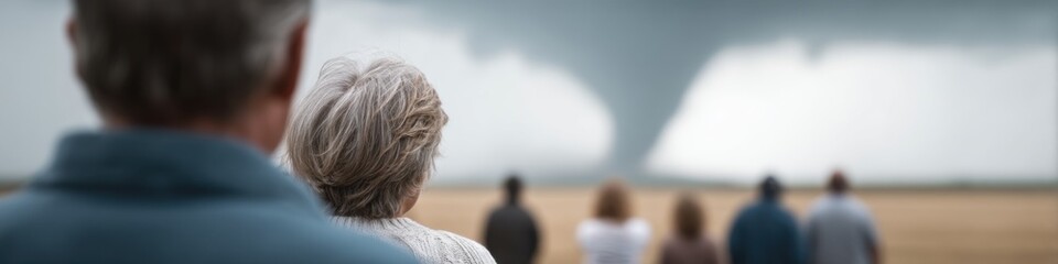 Dramatic tornado touchdown in rural area captured with onlookers observing the powerful weather phenomenon