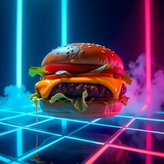 Unique food art neon lit burger design high resolution picture