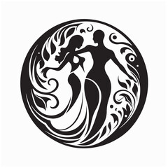 Romantic Ballroom Dancers in Silhouette Encircled by a Classic Logo Frame Vector