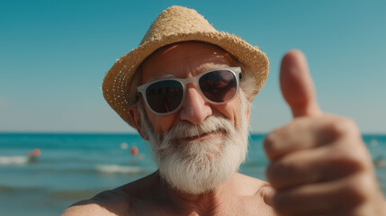 Beach Days of Summer: An elderly man, radiating pure joy, gives a thumbs up against a vibrant seascape of azure water and a clear blue sky. A sunny day, a perfect moment.