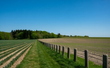 Obraz premium Serene Rural Landscape Agricultural Fields and Forest Under a Clear Blue Sky