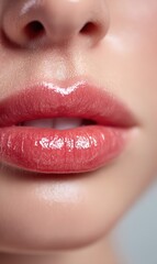 Naklejka premium Glossy lips radiate beauty with a natural pinkish-red tint in soft, captivating lighting