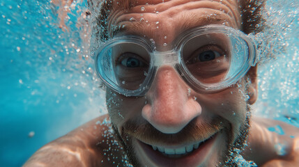 Fototapeta premium Under Water Joy: An exhilarating portrait of a man smiling while swimming under water with goggles on capturing a moment of pure underwater joy and carefree summer fun.
