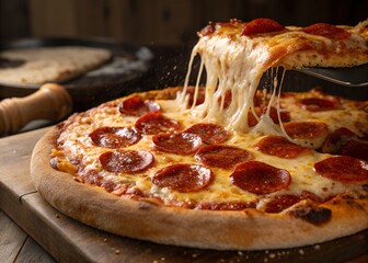 Pepperoni pizza slice being lifted with cheese pull for italian food lovers