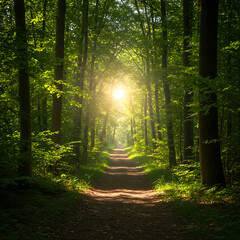 Obraz premium A mystical forest path bathed in brilliant sunbeams piercing through the dense tree canopy, creating a serene and enchanting natural landscape. 