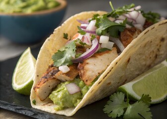 Delicious chicken tacos with guacamole and lime served on a black plate dish