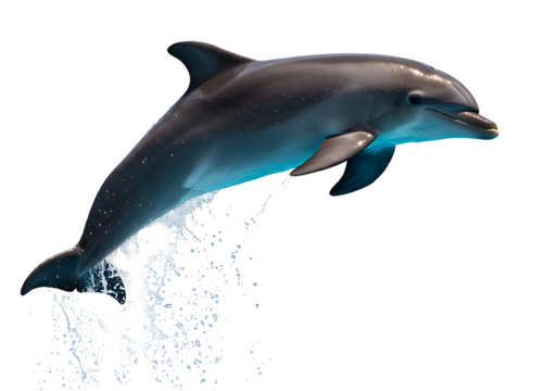 Dolphin leaps against black water splashing Sleek wet skin reflects light creating dynamic form and motion