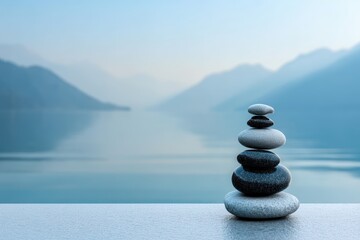 Balanced stones stacked by a serene lake with misty mountains in the background, creating a peaceful and calming atmosphere.