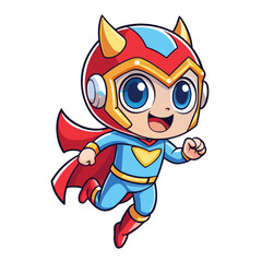 Cartoon superhero, in flight, with a red helmet, blue suit, and a red cape