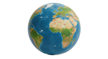 Earth globe with planes flying over continents  oceans on black background