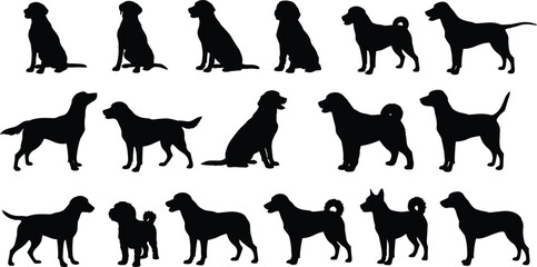 Dog silhouette collection, black dog vector set, pet animal clipart, sitting and standing dogs, breed shape illustration design