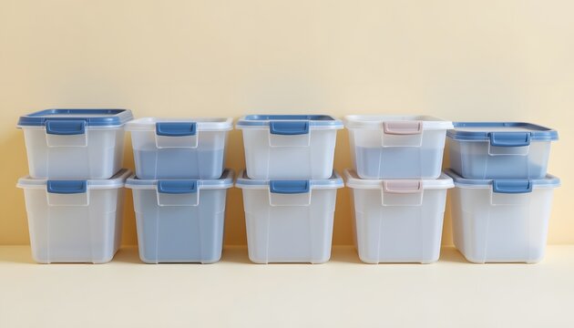 plastic storage bins with lids organized in a tidy row on a pale background