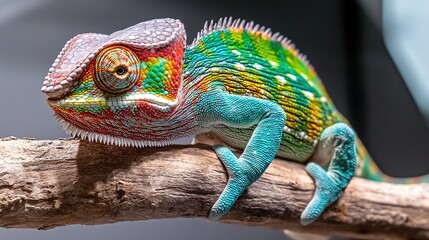 Obraz premium Vibrant chameleon perched on branch, studio shot, blurred background, reptile pet
