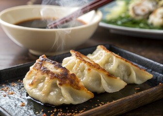 Delicious japanese gyoza dumplings with soy sauce and chopsticks on black plate