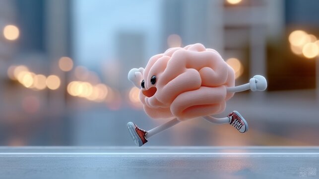 Energetic brain character races joyfully through an urban street scene promoting mental fitness and agility