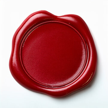 Close-up of a classic red wax seal isolated on a white background, symbolizing authenticity, certification, luxury branding and official correspondence.