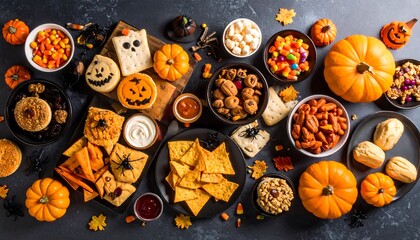 Halloween party food spread, various treats