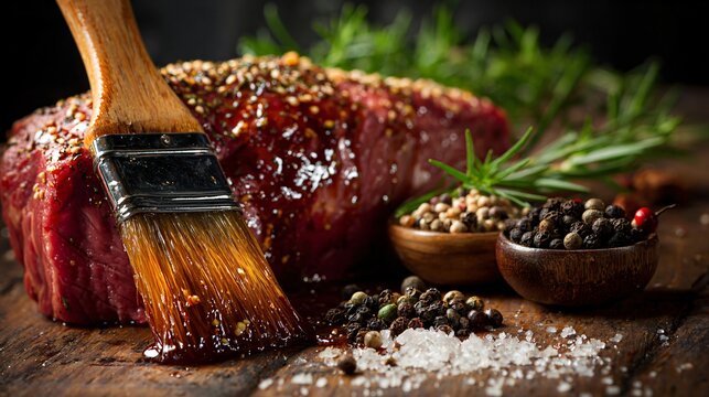 Brushed marinade on raw meat beside brush and spices, open framing,