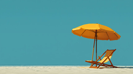 Seaside Serenity: The image captures the essence of relaxation on a sun-kissed beach. A vibrant yellow parasol and a comfortable chair offer a tranquil escape against the backdrop of a clear.