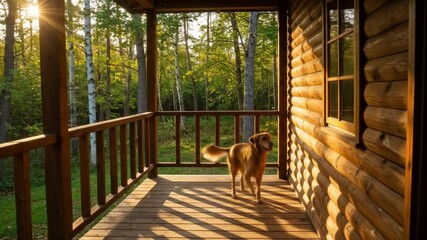 Cabin porch dog greets sunlight - Powered by Adobe