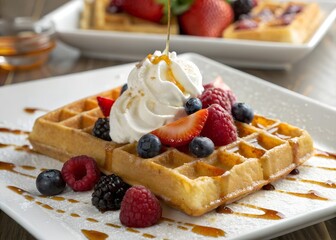 Delicious waffles with fresh berries and whipped cream breakfast food photography