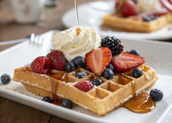 Delicious waffles with fresh berries and whipped cream breakfast food dessert