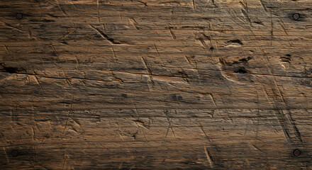 Close-up of a weathered wooden surface with distinct grain patterns and numerous scratches.