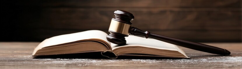 A wooden judge's gavel rests on an open law book, symbolizing justice and legal authority.